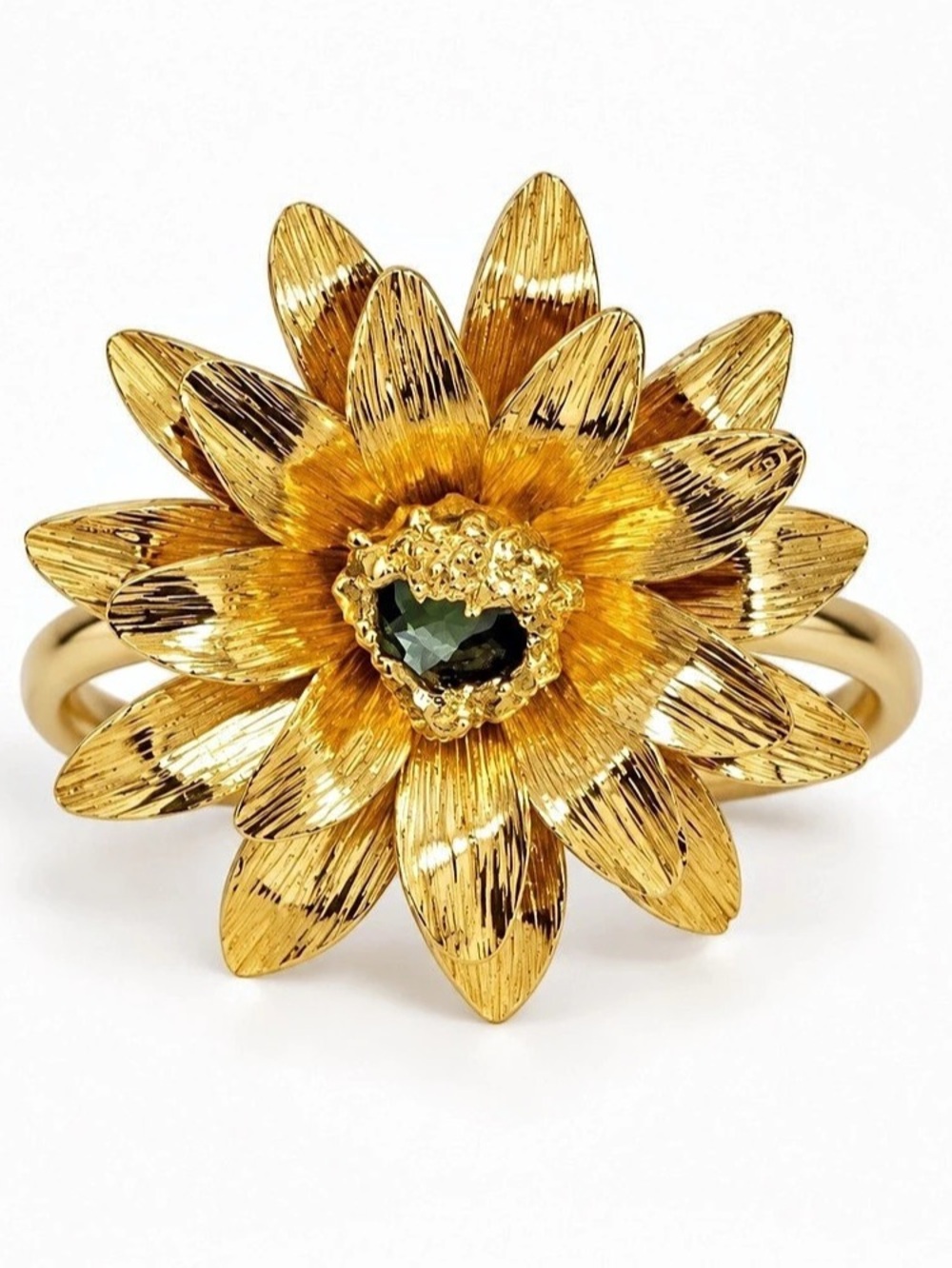 24K Gold Plated 3D Sculptural Flower Adjust Ring Green Stone Colombian Artisan